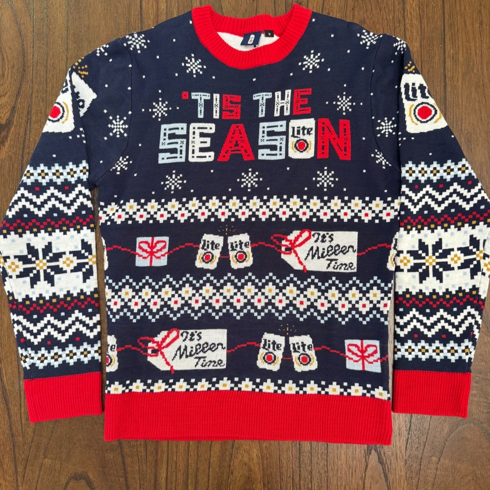 Miller Lite Its Miller Time Ugly Christmas Sweater Mens Medium Navy Blue Red